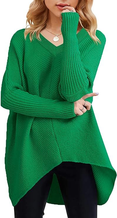 ANRABESS Women's Sweater 2023 Fall Oversized V Neck Long Batwing Sleeve Asymmetric Hem Casual Kni... | Amazon (US)