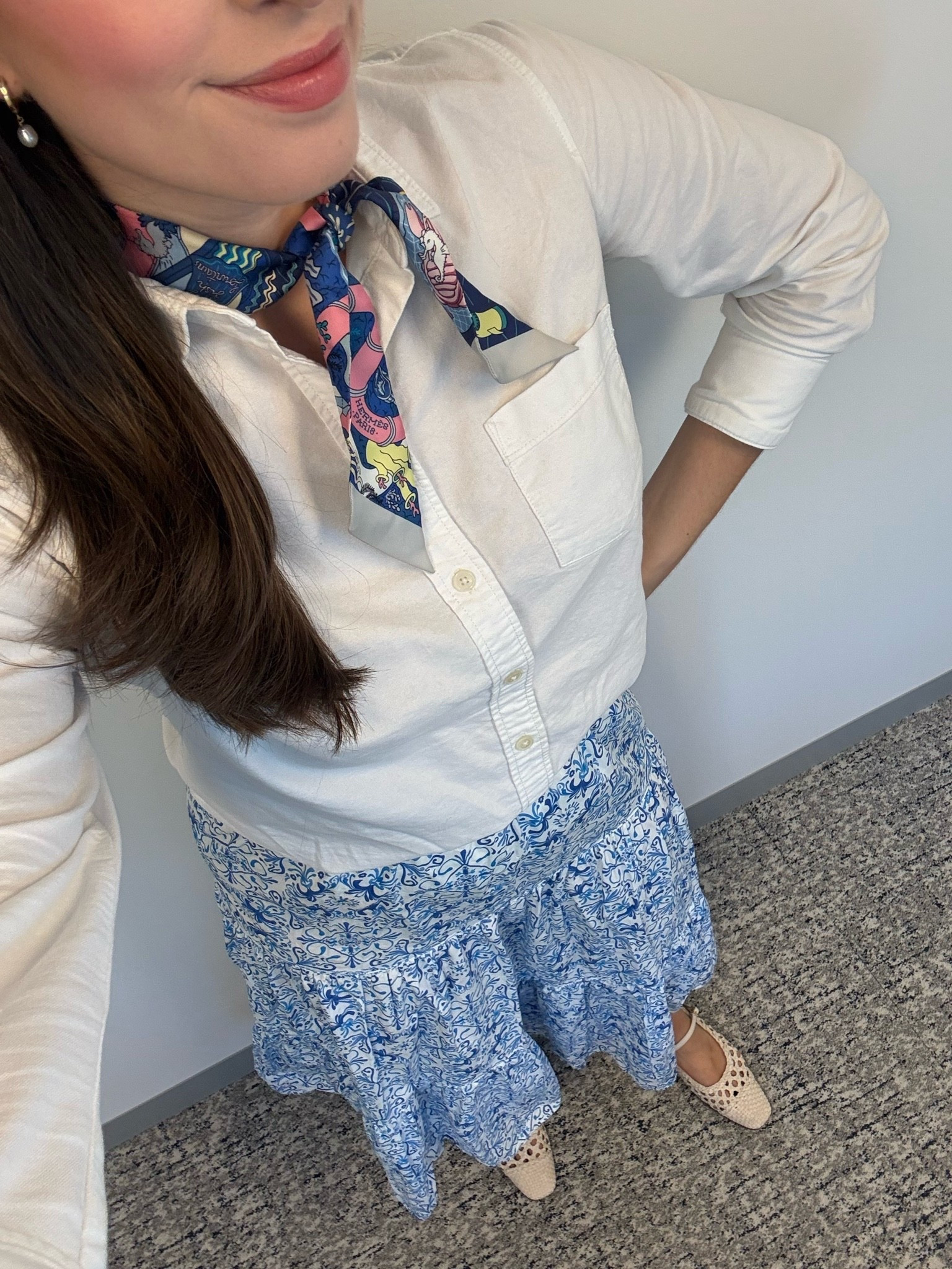 Office style, office outfit, business casual, workwear, maxi skirt, hill house maxi skirt, blue and white maxi skirt, white oxford button down, Margaux flats, ballet flats, Mary Jane flats, summer workwear, summer office style, summer office outfit

#LTKSeasonal #LTKWorkwear #LTKTall