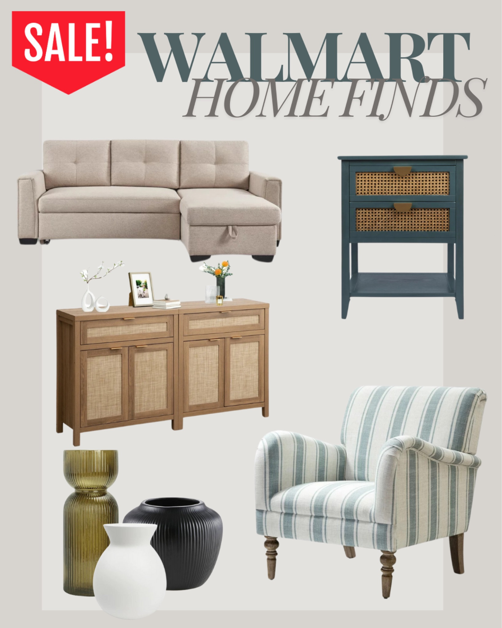 @Walmart home finds on sale or under $20! 

Vases, blue and white striped armchair, console, cane end table, sectional modular sofa. Living room furniture and home decor  

#LTKSaleAlert #LTKSummerSales #LTKHome
