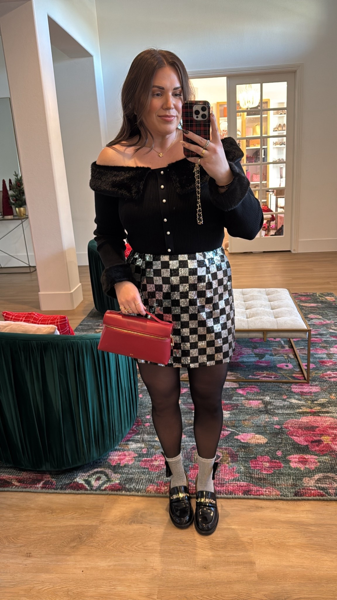 what i wore to the F1 Grand Prix in Vegas! 🏎️ wearing size large in off the shoulder top with faux fur and size large in check sequin skirt! 

#LTKHoliday #LTKMidsize #LTKSeasonal