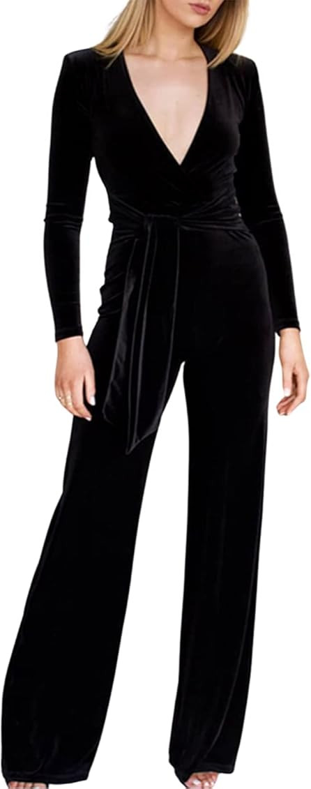 BEELADAN Women's Long-Sleeved Sexy V-Neck Casual Long Wide Pants with Velvet High-Waisted Slim Jumps | Amazon (US)