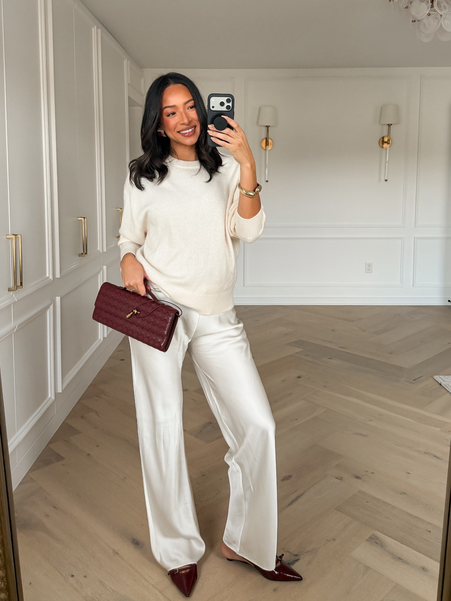 The best satin pants! Pricey but well worth the investment and comes in so many other colors! 🤍 Wearing size S white tee, size M cream sweater and size S satin pull on pants 

Hosting outfit 
Winter outfit 
Winter fashion 
Winter whites

#LTKootd #LTKHoliday #LTKFindsUnder100