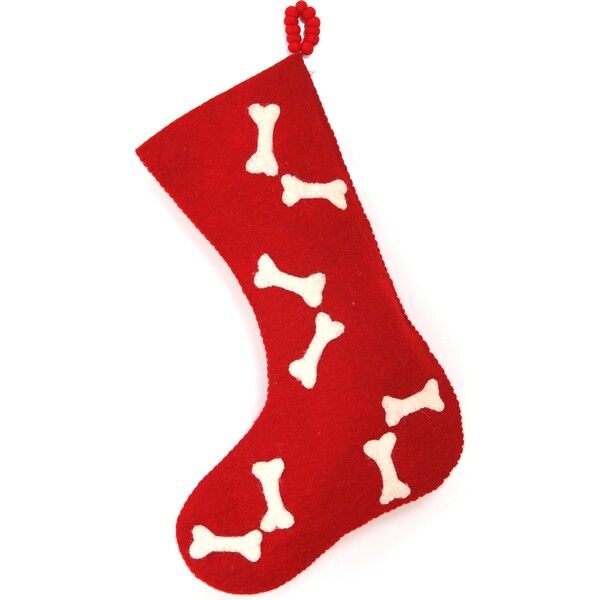 Christmas Stocking in Hand Felted Wool, Bones on Red | Maisonette