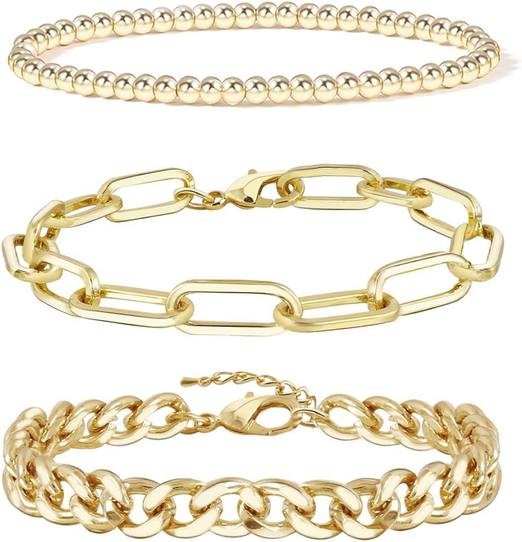 Amazon.com: Gold Chain Bracelet Sets for Women Girls 14K Gold Plated Dainty Link Paperclip Bracel... | Amazon (US)