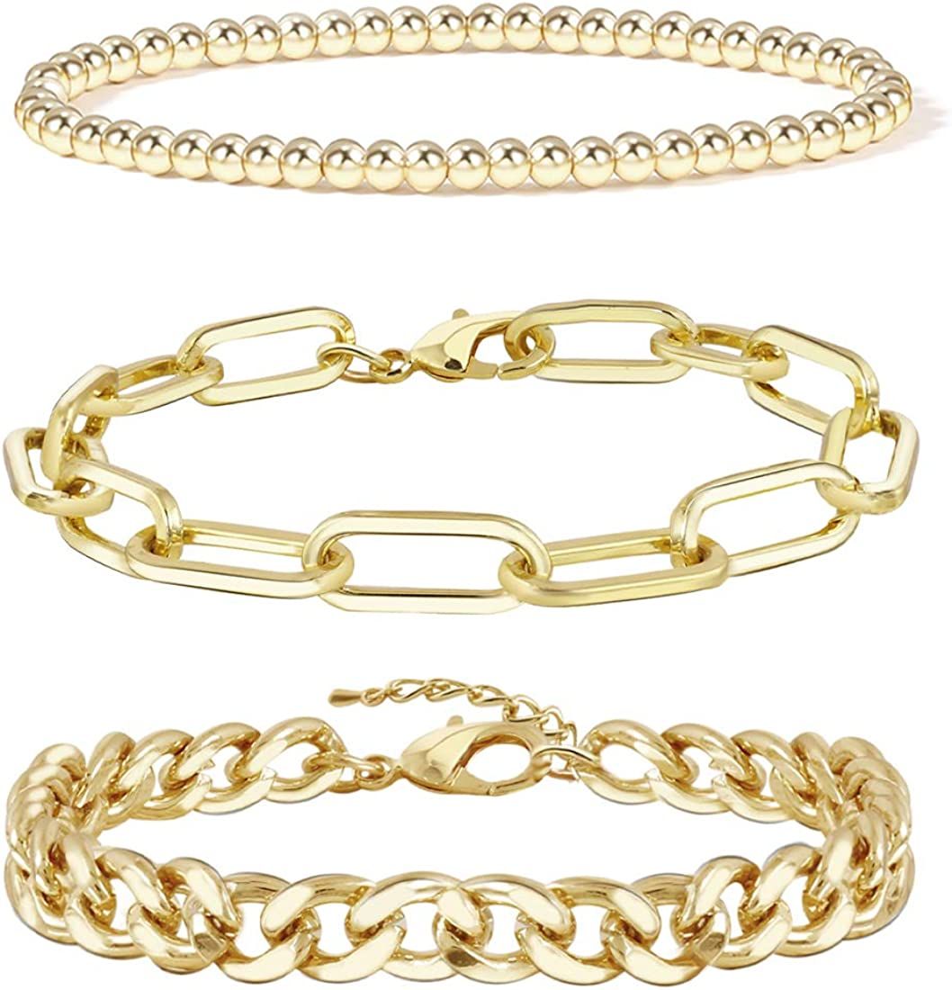 Amazon.com: Gold Chain Bracelet Sets for Women Girls 14K Gold Plated Dainty Link Paperclip Bracel... | Amazon (US)