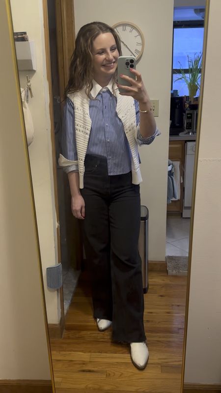 Teaching outfit of the day! Cropped striped blouse, white crochet cardigan over shoulders and wide leg dark gray jeans. Wearing an XS in blouse and cardigan and 26 in jeans. 

#LTKSeasonal #LTKfindsunder50 #LTKworkwear