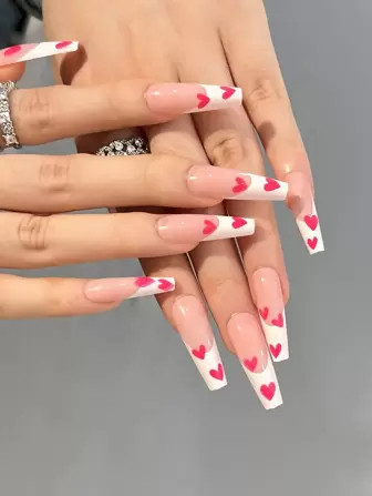 Upgrade Your Look with 24pcs Extra Long Coffin White French Pink Heart Fake Nail & 1pc Nail File ... | SHEIN