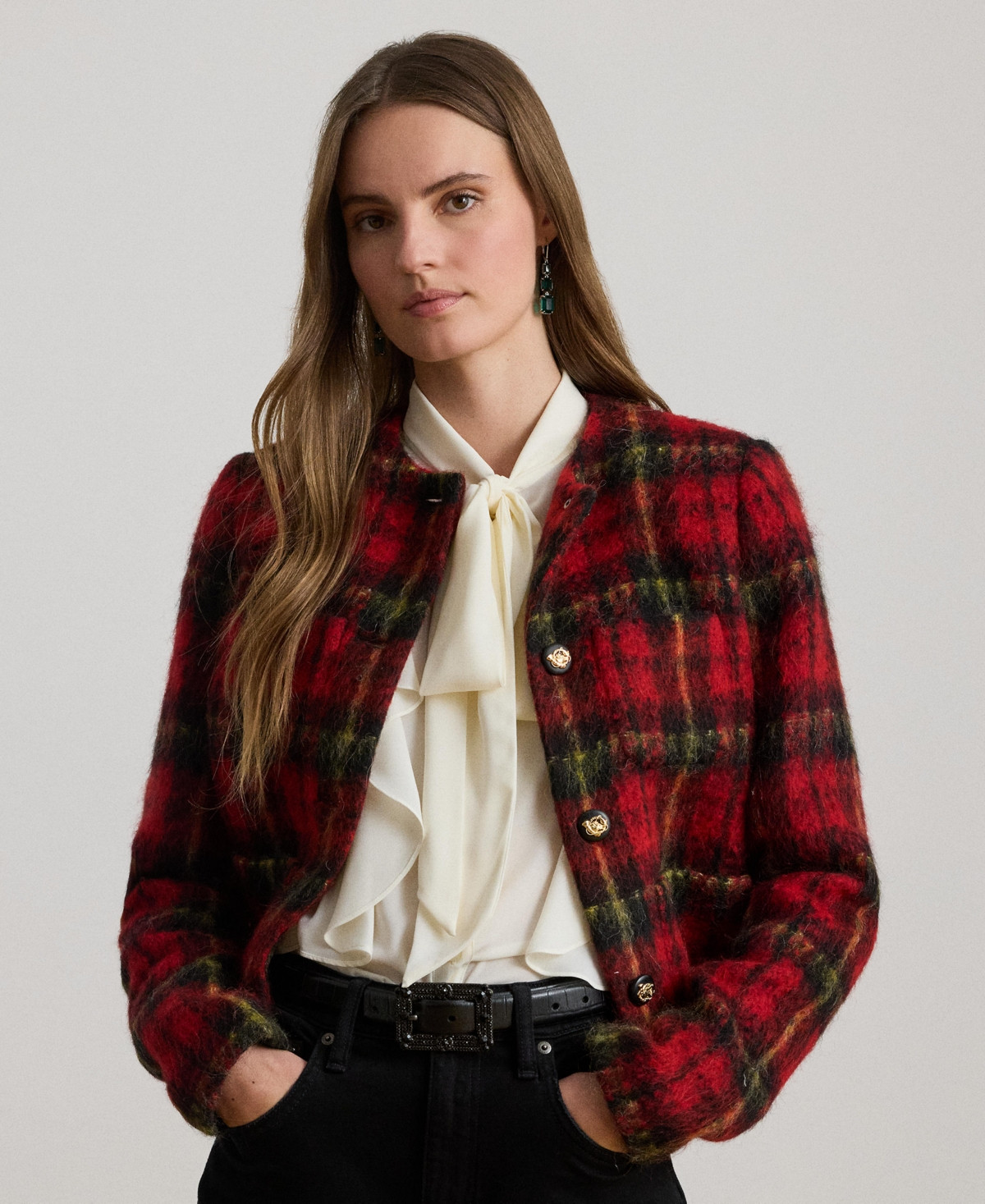 Lauren Ralph Lauren Women's Plaid Long Sleeve Jacket - Red/Black/Yellow Multi | Macy's