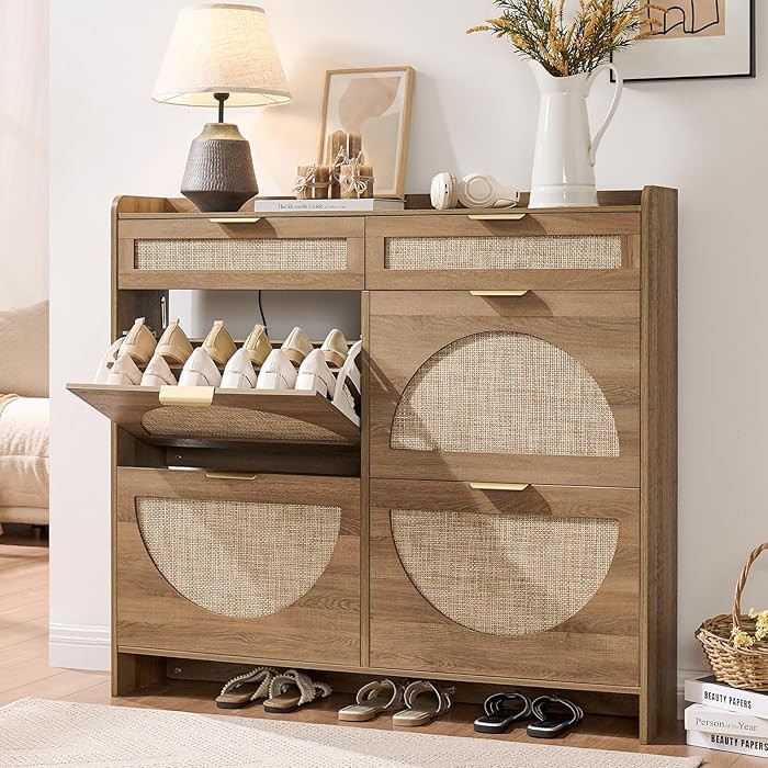 Rattan Shoe Storage Cabinet with 4 Flip Drawers & 2 Drawers, Freestanding Organizer for Front Doo... | Amazon (US)