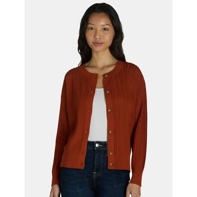 Time and Tru Women's Fine Gauge Rib Crew Cardigan with Long Sleeves, Sizes XS-XXXL | Walmart (US)