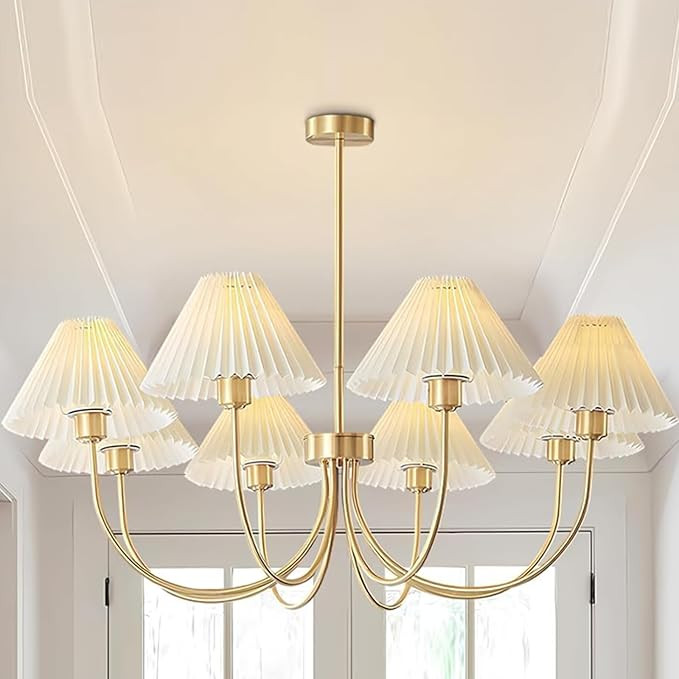 KCO Lighting Brushed Brass Sputnik Chandelier Gold Metal Chandelier with White Pleated Fabric Sha... | Amazon (US)