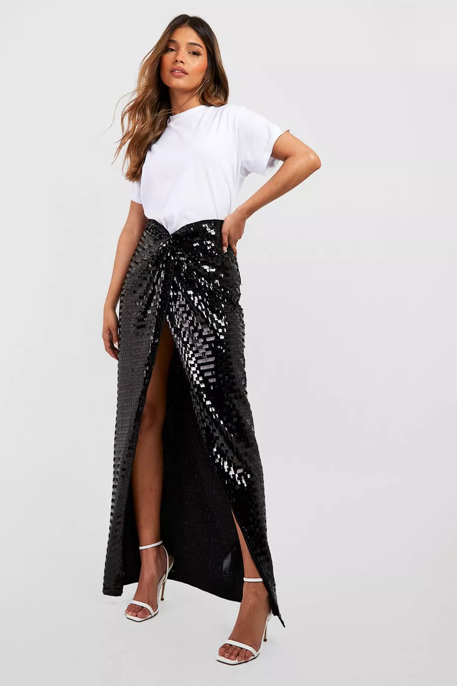 Shard Sequin Twist Knotted Maxi Skirt | Boohoo.com (UK & IE)