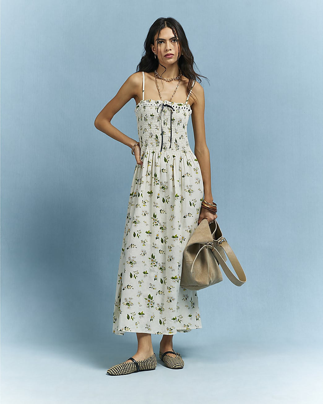 Cream Cotton Daisy Shirred Midi Dress | River Island UK & IE