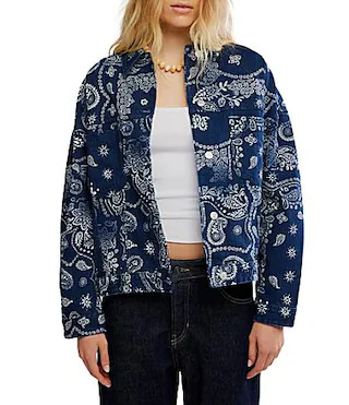 Free People We The Free Opal Swing Bandana Print Collared Long Sleeve Denim Jacket - XL | Dillard's