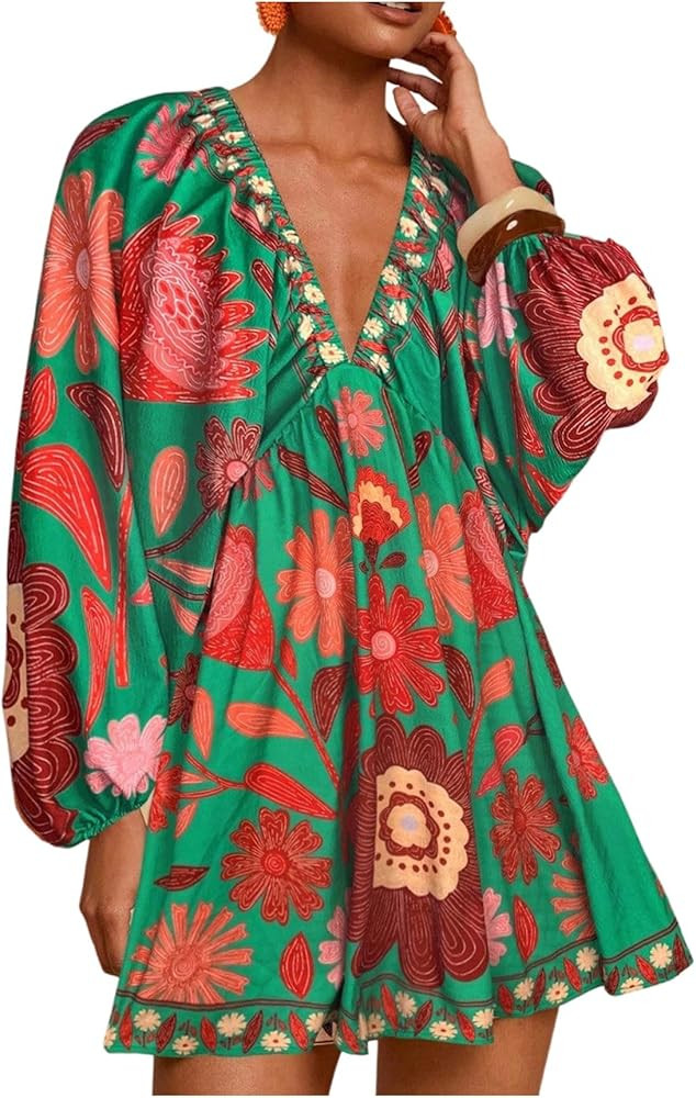 WDIRARA Women's Boho Floral V Neck Short Dress Lantern Sleeve Tie Back Flowy Tropical Dresses | Amazon (US)