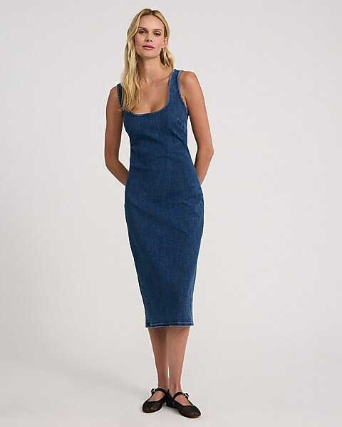 Dark Wash Scoop Neck Sleeveless Midi Denim Sheath Dress | Express