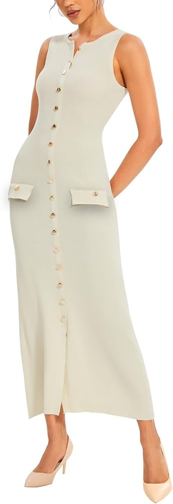 Womens Knit Maxi Dress Sleeveless Bodycon Ribbed Long Tank Dresses Elegant Button Down Workwear D... | Amazon (US)