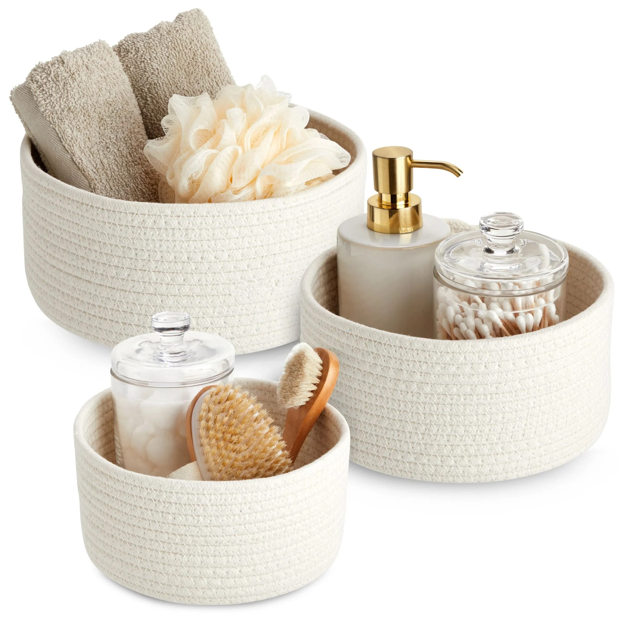 3 Pack Woven Baskets for Storage, Small Round Cotton Rope Organizing Bins (3 Sizes, White) | Walmart (US)