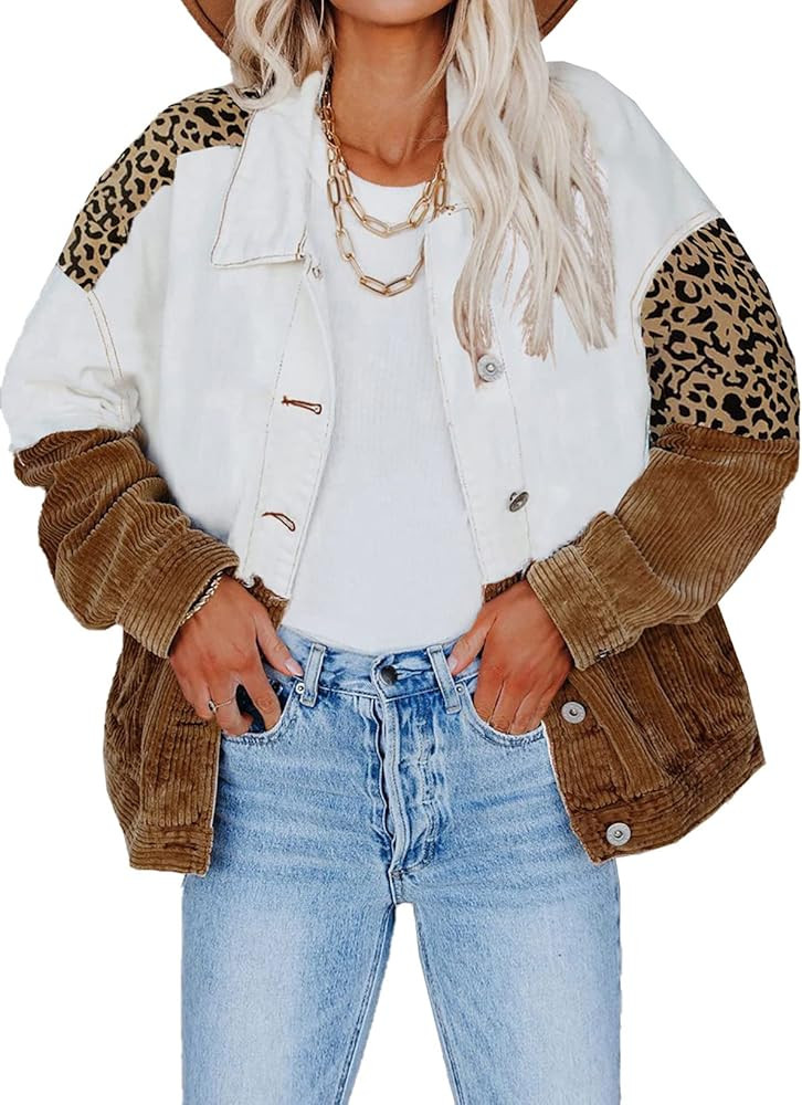 Happy Sailed Womens Contranst Corduroy Denim Jackets Long Sleeve Button Down Oversized Jean Shacket  | Amazon (US)