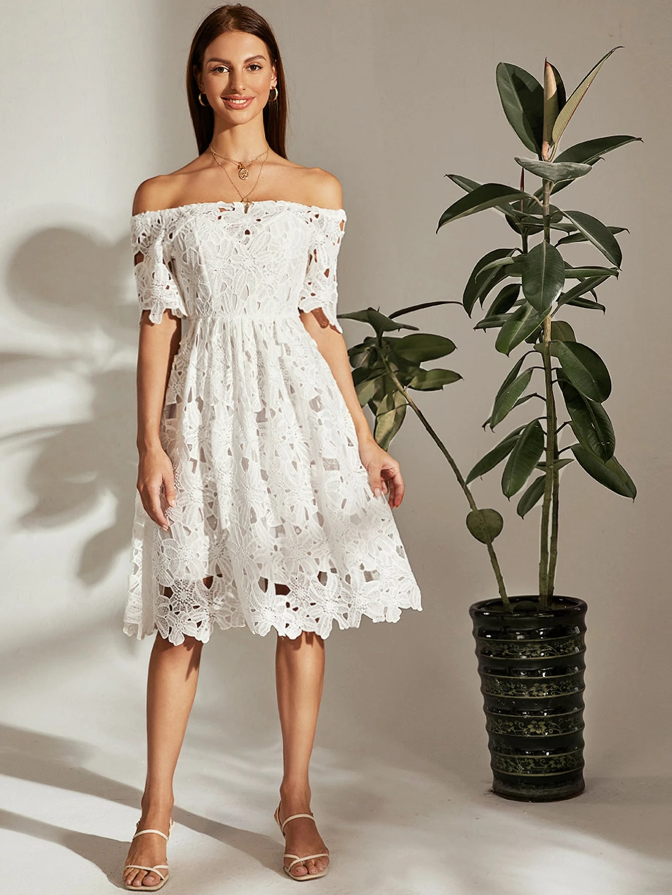 Off Shoulder Guipure Lace Overlay Dress | SHEIN