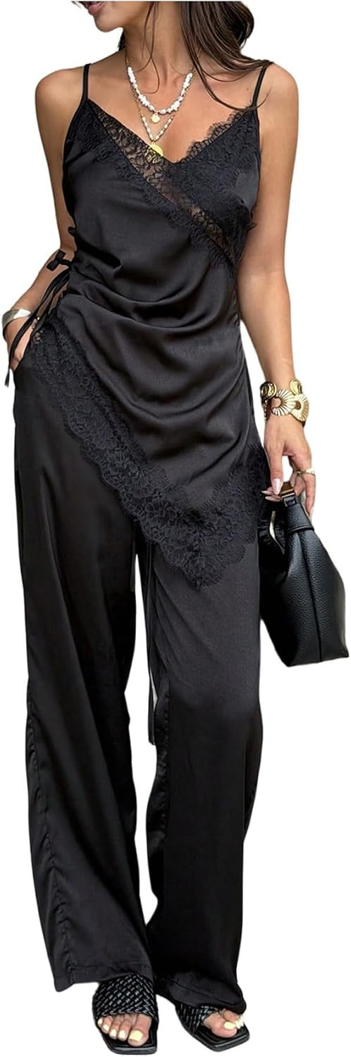 Verdusa Women's 2 Piece Matching Set Satin Lace Top and Pants with Pockets | Amazon (US)