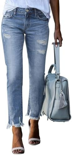 EVALESS Women's High Waisted Tummy Control Straight Ankle Ripped Jeans | Amazon (US)