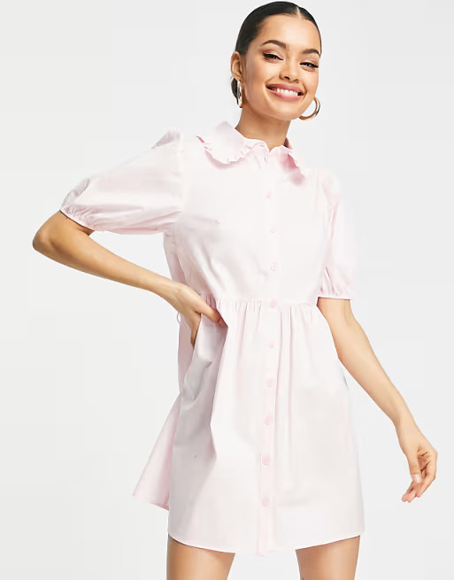Miss Selfridge Petite puff sleeve ruffle collar button shirt dress in pink | ASOS (Global)