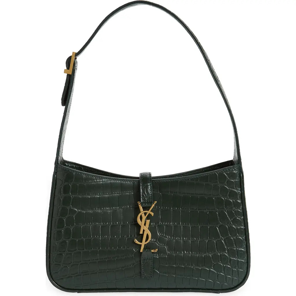 Saint Laurent Le 5 à 7 Croc Embossed Leather Hobo in 3045 Vert Fonce at Nordstrom | Nordstrom