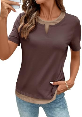SHEWIN Womens Tops Casual Crewneck Color Block Short Sleeve Mock Double Layer T-Shirt Summer Outf... | Amazon (US)