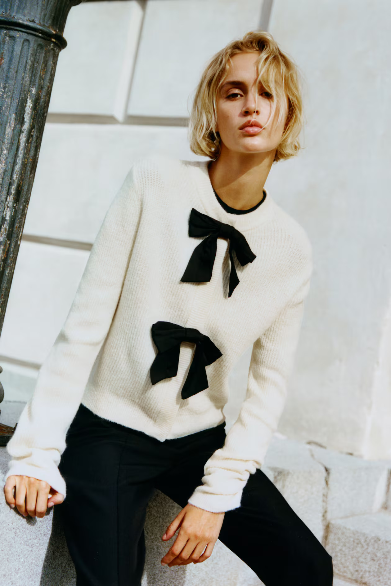 Bow-Front Rib-Knit Cardigan - Cream - Ladies | H&M US | H&M (US + CA)