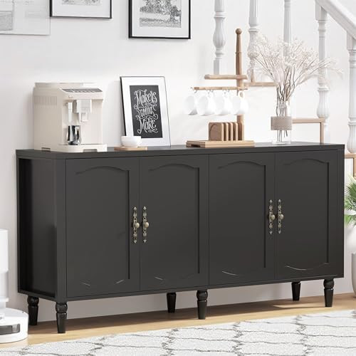 fineway 63" Sideboard Buffet Cabinet, Mid Century Modern Credenza Storage Cabinet with Adjustable Shelves & Carved Handles, Large Kitchen Buffet Table Coffee Bar for Dining Room & Living Room - Black | Amazon (US)