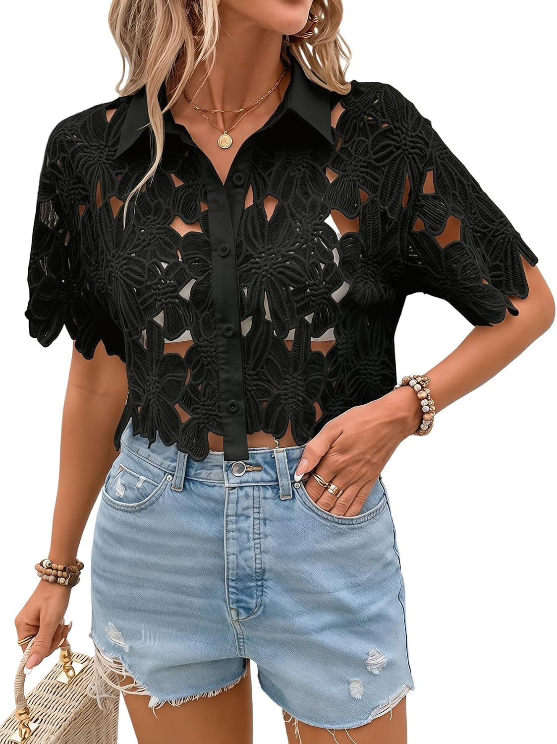 SOLY HUX Women's Lace Blouses Crop Tops Short Sleeve Sheer Button Up Shirts | Amazon (US)