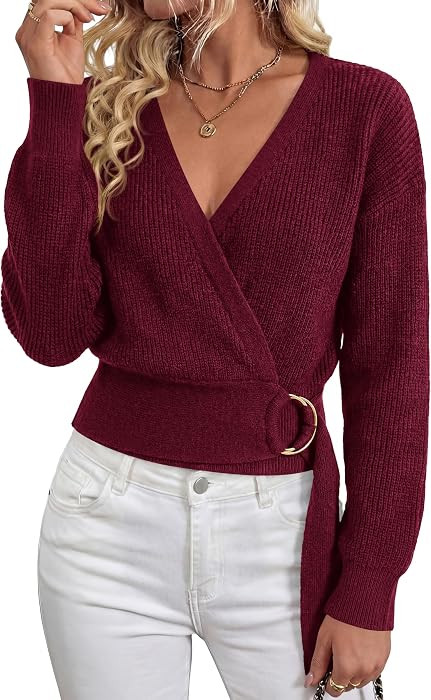 PRETTYGARDEN Womens Long Sleeve Wrap V Neck Belted Sweater | Amazon (US)