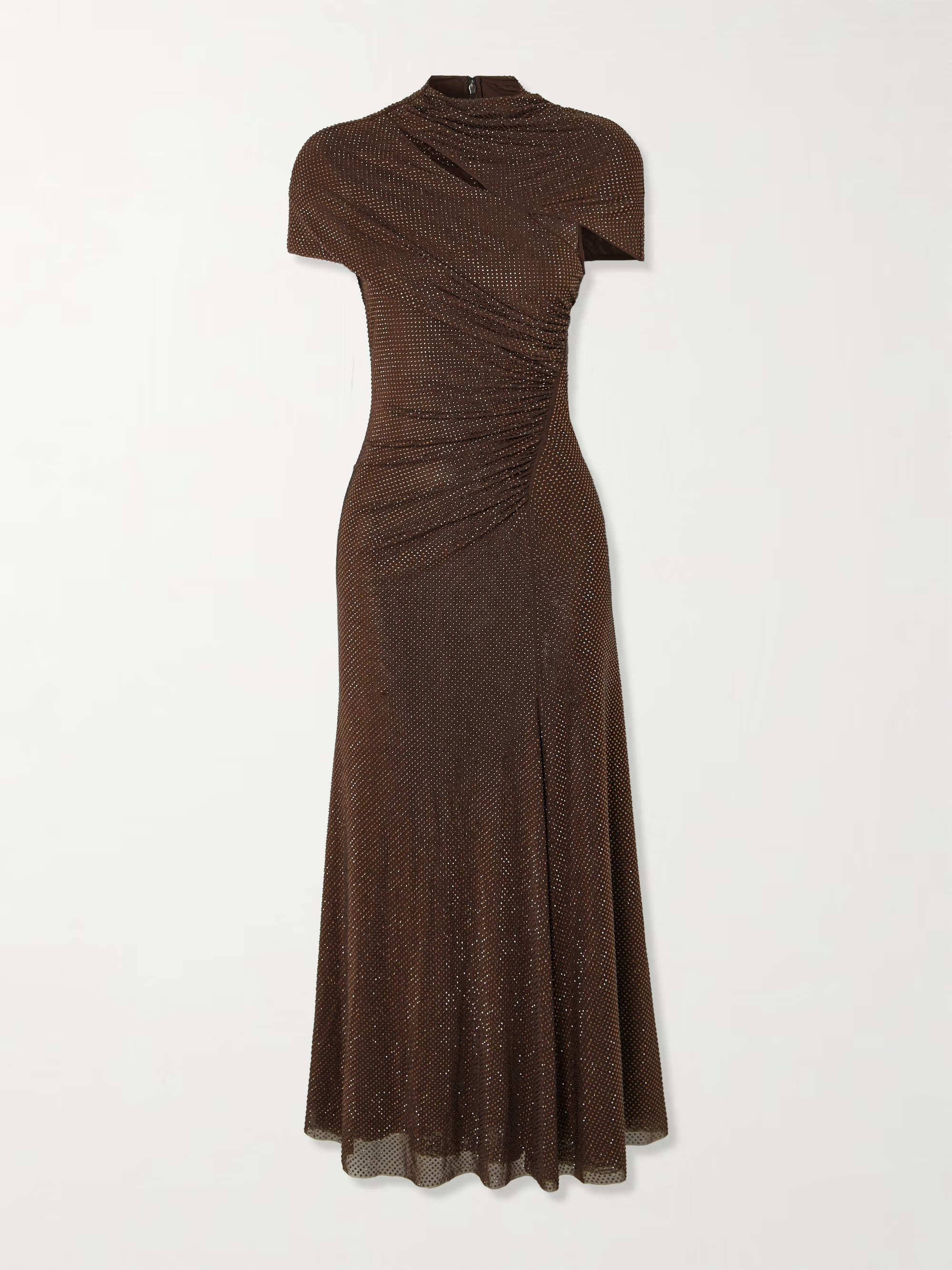 Crystal-embellished ruched cutout stretch-mesh midi dress | NET-A-PORTER (US)