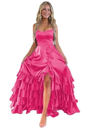Changuan Hot Pink Prom Dresses,Ruffle Satin Prom Dresses for Women Long Tiered Ball Gown 2024 Formal Dresses Evening Party Gowns with Slit Size 4 Hot Pink | Amazon (US)