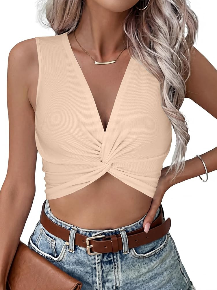 Vrtige Women's V Neck Twist Front Ribbed Knit Sleeveless Sexy Crop Top Cami Tank | Amazon (US)