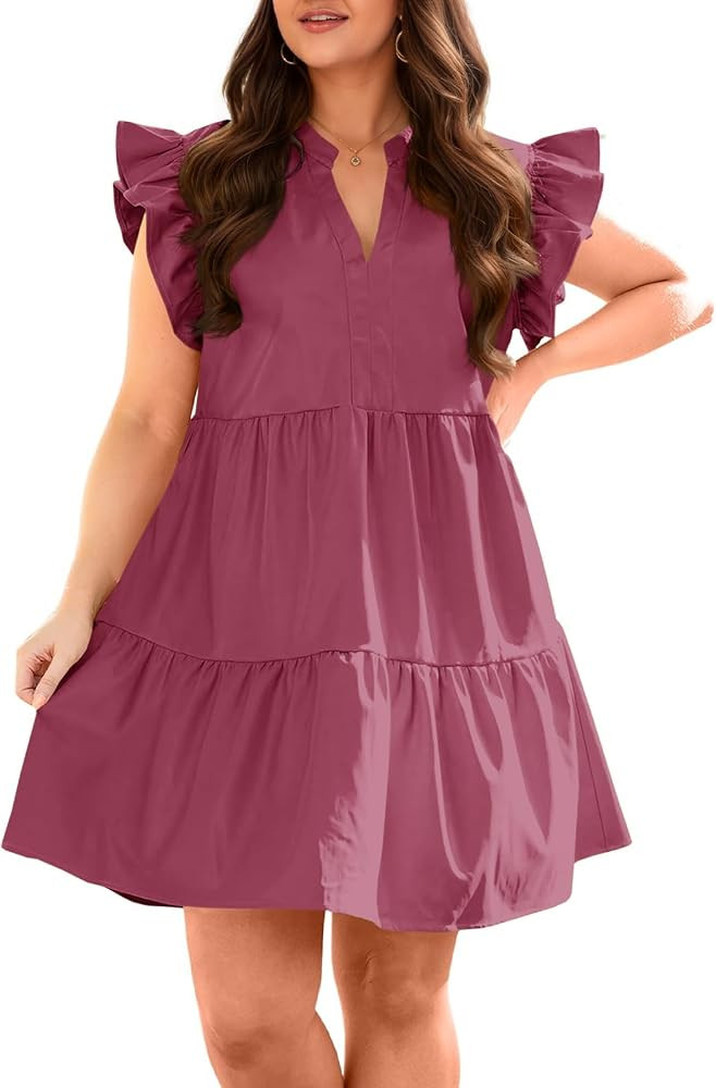 Fisoew Plus Size Dresses for Women Summer Ruffle Short Sleeve V Neck Dress | Amazon (US)