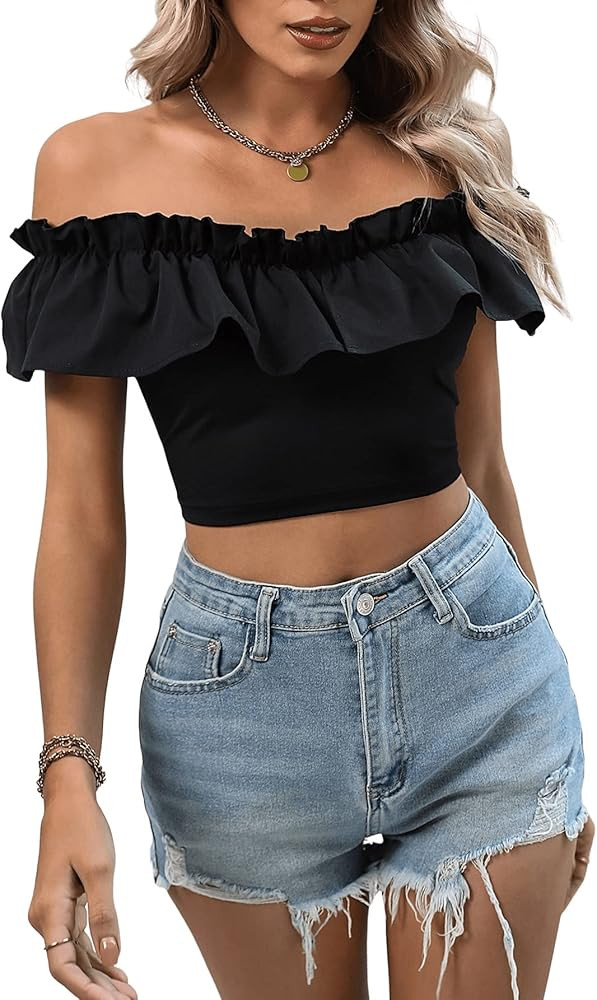 SweatyRocks Women's Short Sleeve Off Shoulder Top Summer Casual Ruffle Trim Slim Fit Crop Tee | Amazon (US)