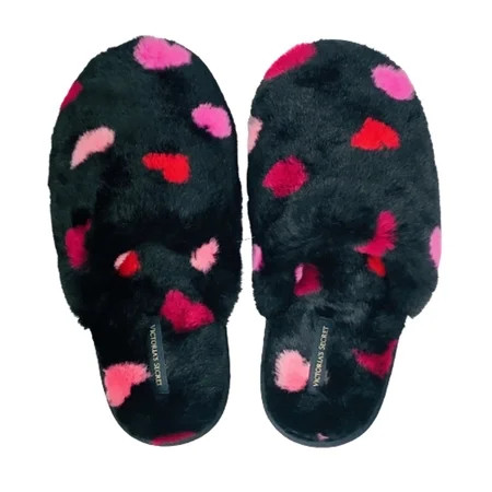 Victoria s Secret Soft Plush Closed Toe Faux Fur Black Tiny Hearts Slippers Size Medium (7/8) NWT | Walmart (US)