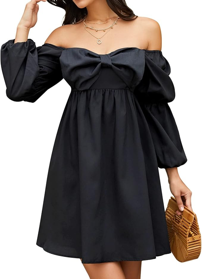 EXLURA Womens Summer Casual Wedding Guest Dress Square Bow Neck Long Puff Sleeve Dress Empire Wai... | Amazon (US)