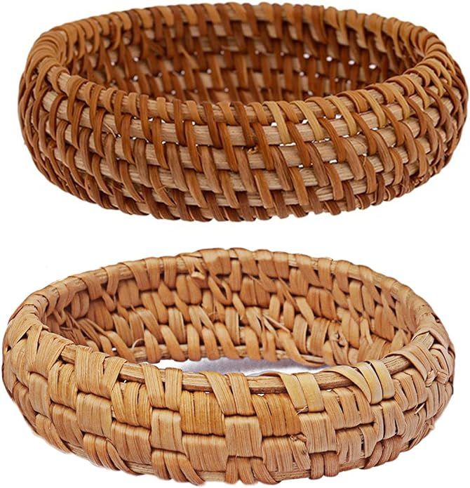 COLORFUL BLING 2Pcs Handwoven Wooden Braided Rattan Knit Cuff Bracelet Natural Bamboo Square Roun... | Amazon (US)