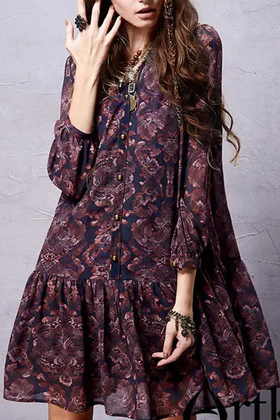 Ethnic Print Long Sleeve Chiffon Dress | ZAFUL (Global)