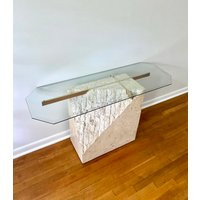 Unique Postmodern Tessellated & Faux Travertine Stone Sofatable, Glass Top Stone Maitland Smith Styl | Etsy (US)