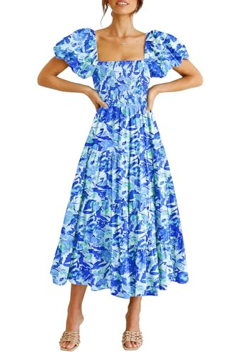 PRETTYGARDEN Women's Casual Summer Midi Dress Puffy Short Sleeve Square Neck Smocked Tiered Ruffle Dresses (Floral Blue,X-Large) | Amazon (US)