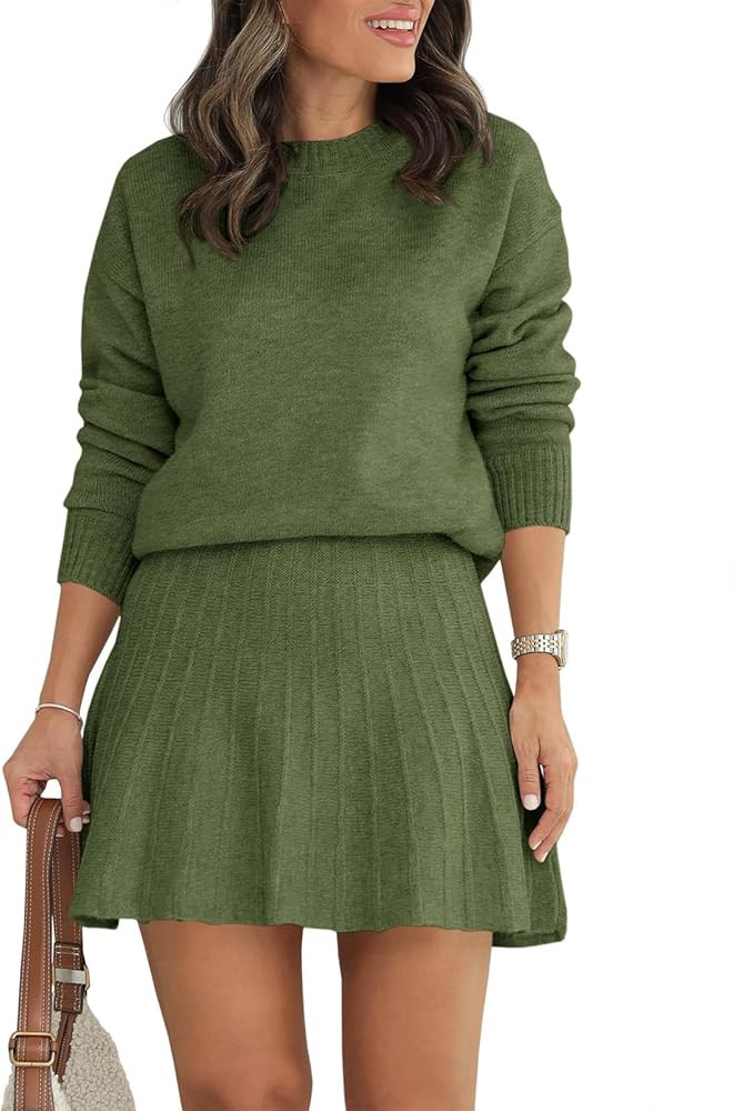 Tankaneo Womens Skirt 2 Piece Sweater Set Long Sleeve Crewneck Sweaters Pleated Mini Skirt Knit L... | Amazon (US)
