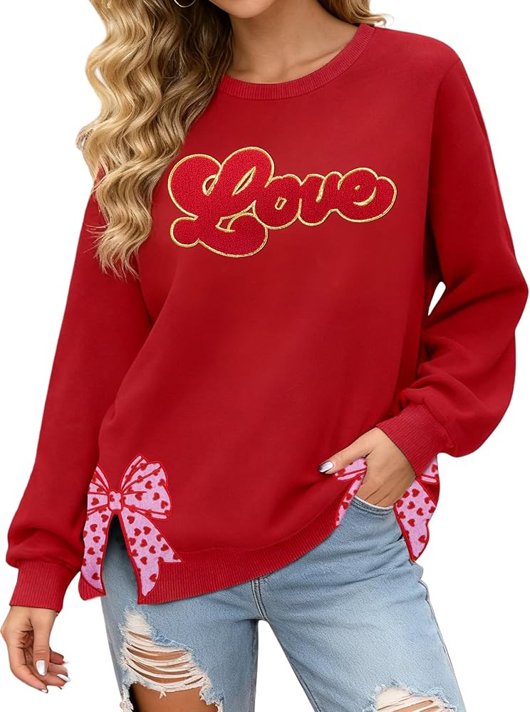 PECHAR Valentine Sweatshirts Women Love Valentines Shirts Embroidered Crewneck Long Sleeve Tops W... | Amazon (US)
