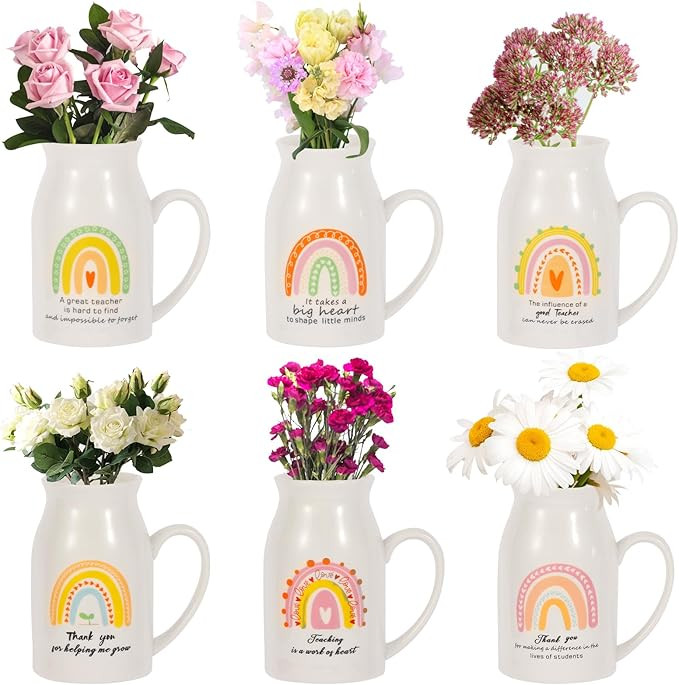 6 Pieces Teacher Appreciation Gifts Teacher Ceramic Vase with Small Handle Rainbow Flower Vases T... | Amazon (US)