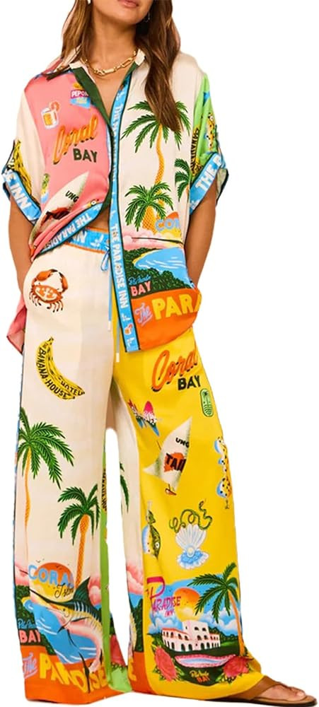 Women's Lounge Set Pajama Set Short Sleeve Hawaiian Shirt and Wide Leg Pants 2 Piece Outfits Casu... | Amazon (US)
