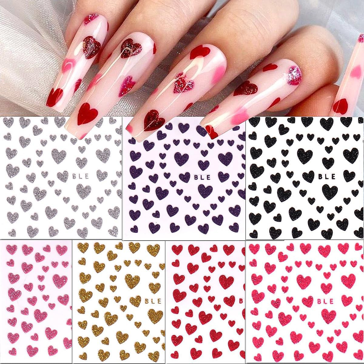 7PCS Christmas Nail Stickers Shiny Love Heart Nail Valentines Stickers Glitter Heart Nail Sticker... | Amazon (US)