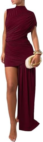 Women's Sleeveless Ruched Maxi Dress Sexy Irregular Bodycon Casual Elegant Club Party Cocktail Lo... | Amazon (US)